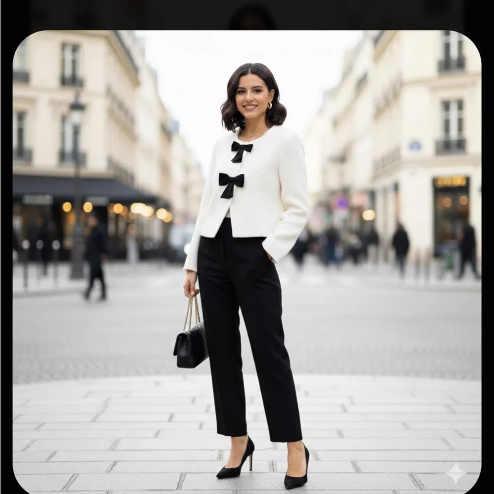 Avec Les Filles Women's Ivory Jacket with Black Bow Accents, Size Medium - Picture 2 of 14